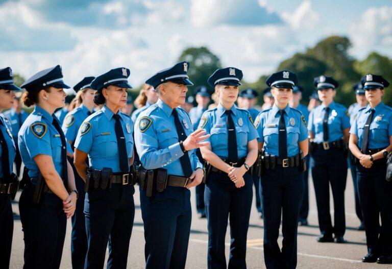 Um grupo de policiais mulheres em uniforme em formação, com um oficial comandante se dirigindo a elas.