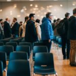 Uma sala cheia com 20 cadeiras e uma longa fila de pessoas esperando