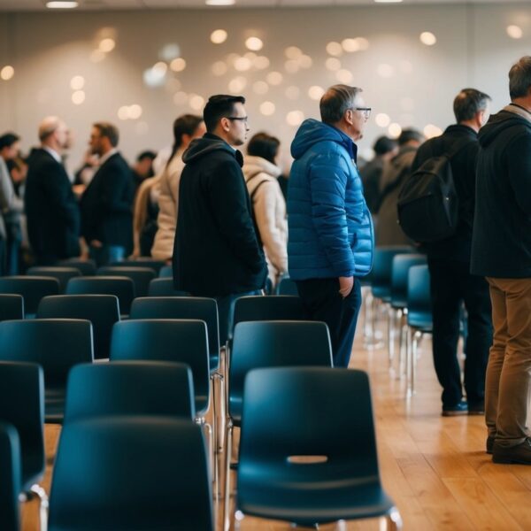 Uma sala cheia com 20 cadeiras e uma longa fila de pessoas esperando