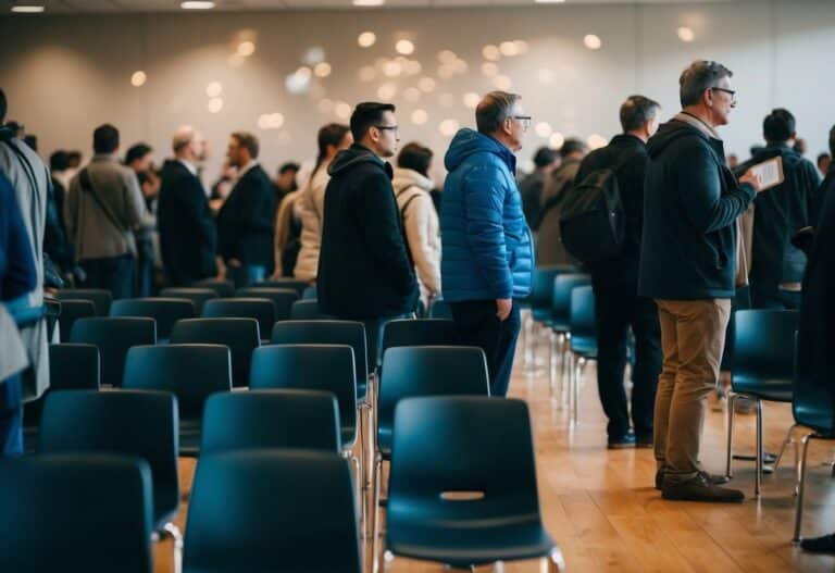 Uma sala cheia com 20 cadeiras e uma longa fila de pessoas esperando