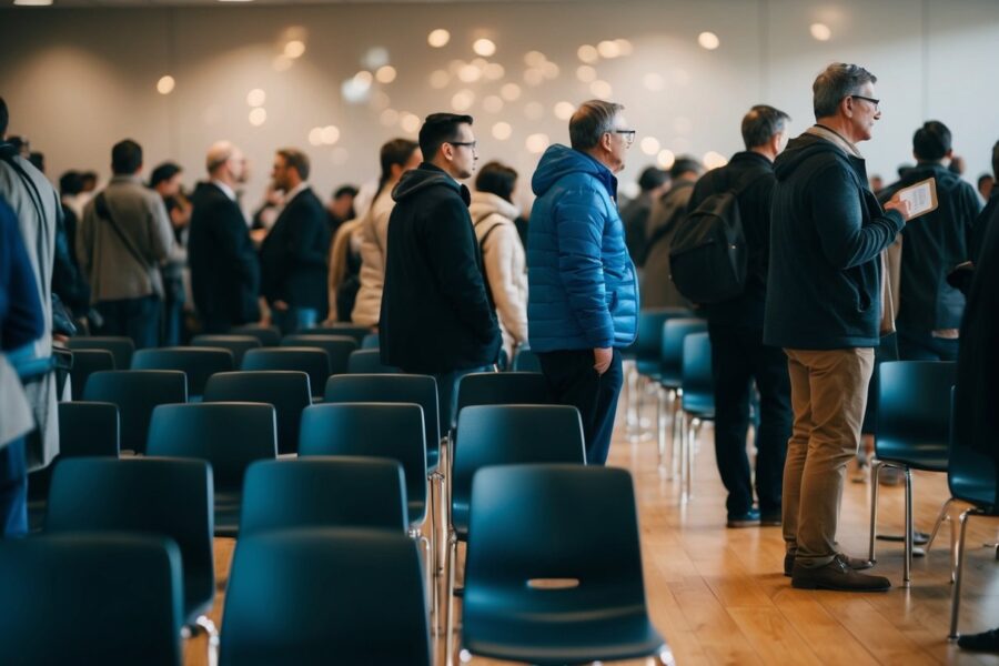 Uma sala cheia com 20 cadeiras e uma longa fila de pessoas esperando