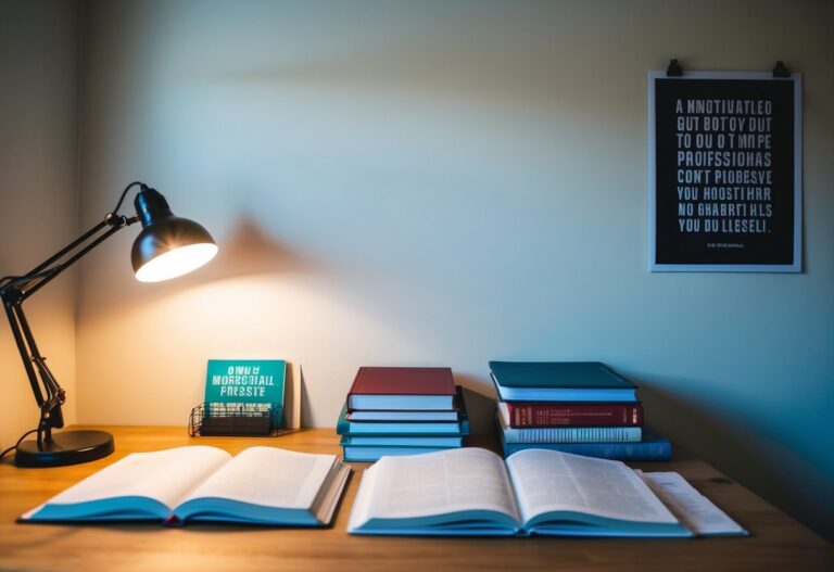 Um cantinho de estudo aconchegante com uma luminária de mesa brilhante, livros didáticos abertos e um pôster com uma citação motivacional na parede