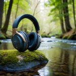 Uma floresta pacífica com árvores altas e um riacho sereno, com um par de grandes fones de ouvido com cancelamento de ruído descansando em uma pedra coberta de musgo