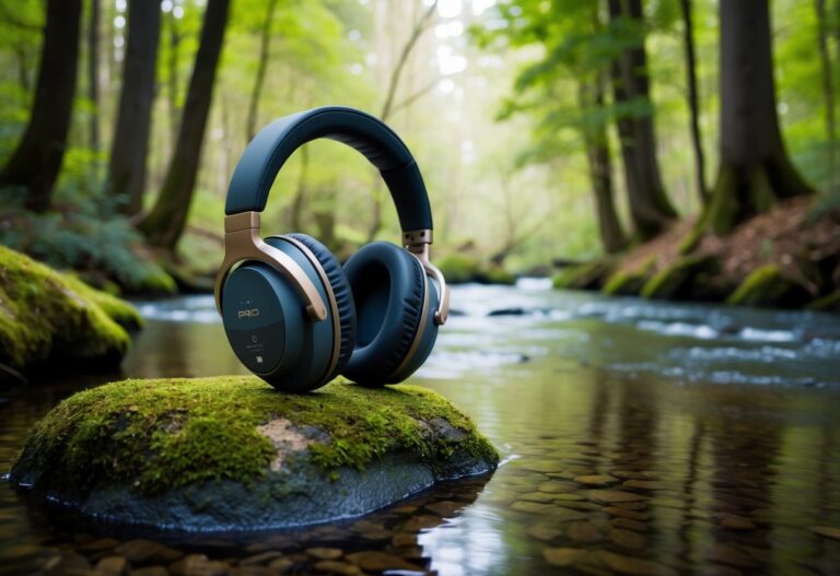 Uma floresta pacífica com árvores altas e um riacho sereno, com um par de grandes fones de ouvido com cancelamento de ruído descansando em uma pedra coberta de musgo
