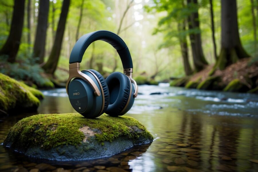 Uma floresta pacífica com árvores altas e um riacho sereno, com um par de grandes fones de ouvido com cancelamento de ruído descansando em uma pedra coberta de musgo