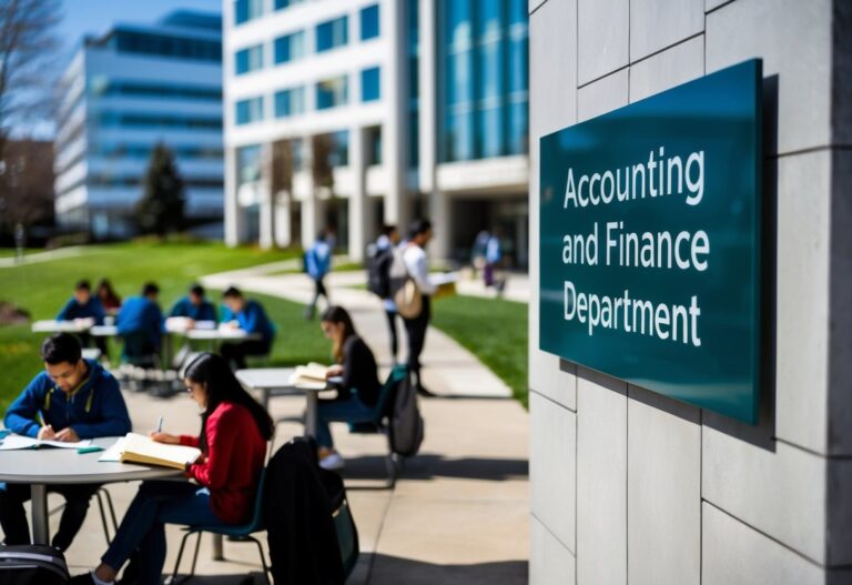 Um campus universitário movimentado com estudantes estudando e uma placa dizendo "Departamento de Contabilidade e Finanças" em um prédio moderno.