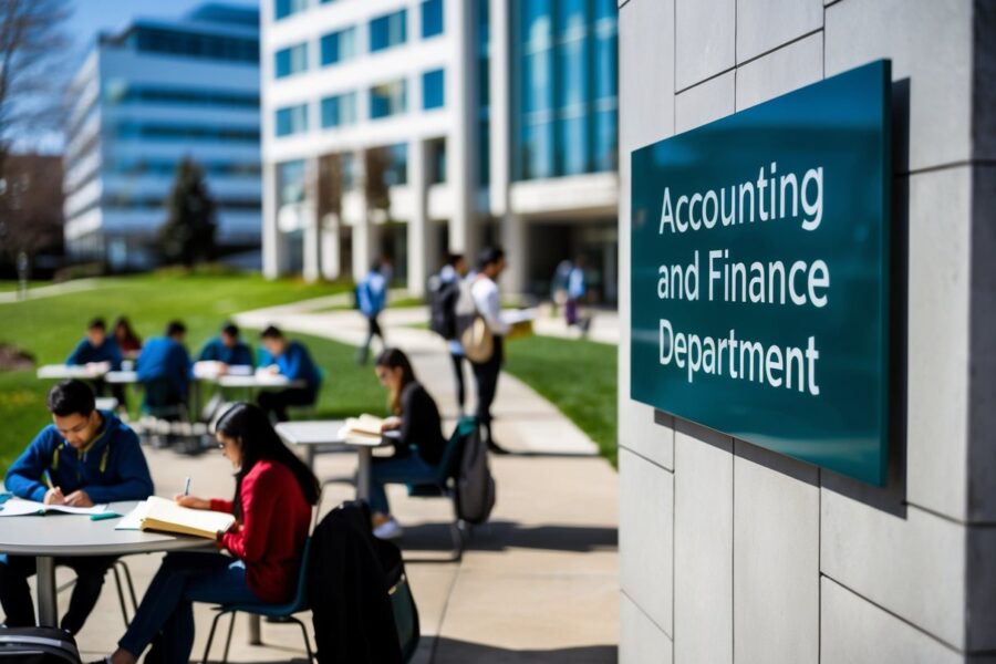 Um campus universitário movimentado com estudantes estudando e uma placa dizendo "Departamento de Contabilidade e Finanças" em um prédio moderno.