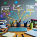 Uma mesa bagunçada com livros, canetas e um laptop cercado por linhas e setas coloridas conectando vários tópicos de estudo