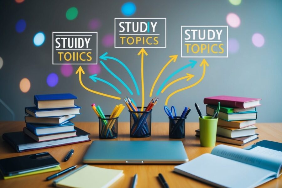 Uma mesa bagunçada com livros, canetas e um laptop cercado por linhas e setas coloridas conectando vários tópicos de estudo
