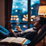 Um cantinho de estudo aconchegante com iluminação suave, uma xícara quente de chá e uma cadeira confortável para um estudante cansado relaxar e se concentrar.