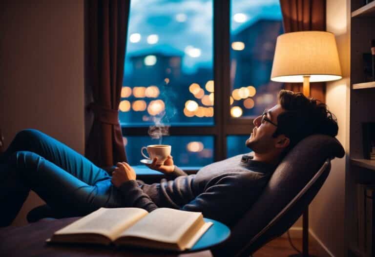 Um cantinho de estudo aconchegante com iluminação suave, uma xícara quente de chá e uma cadeira confortável para um estudante cansado relaxar e se concentrar.