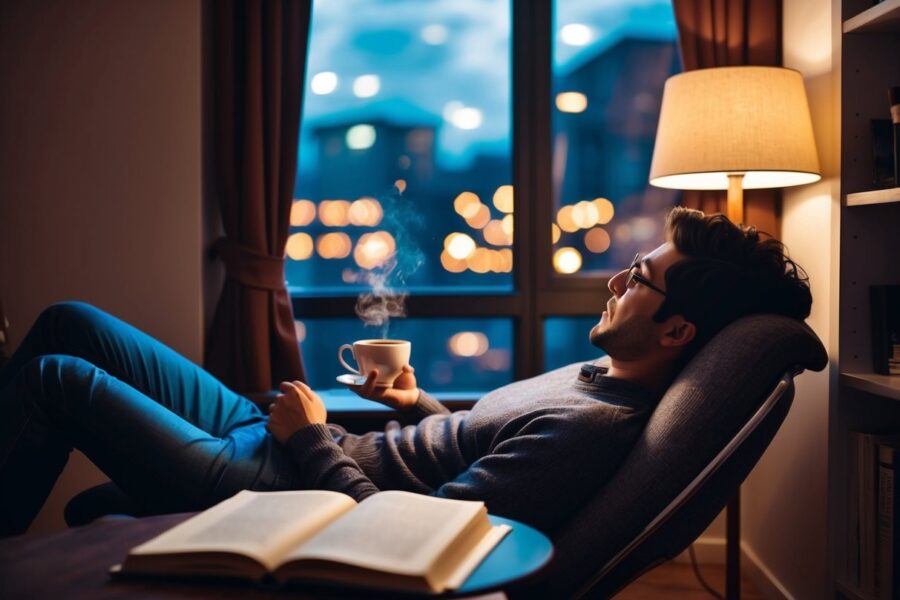Um cantinho de estudo aconchegante com iluminação suave, uma xícara quente de chá e uma cadeira confortável para um estudante cansado relaxar e se concentrar.