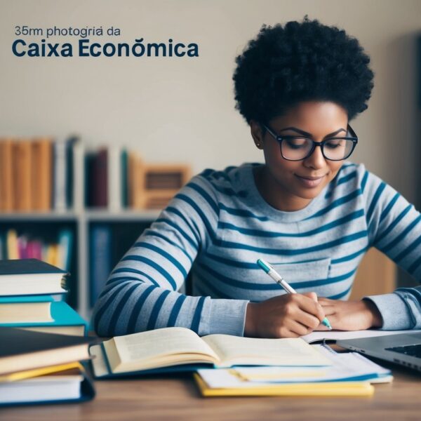 Uma pessoa estudando em uma mesa com livros, anotações e um laptop, cercada por materiais de estudo e o logo da Caixa Econômica