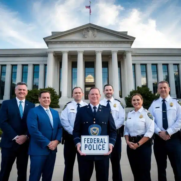 Um grupo de indivíduos em frente a um prédio do governo, com uma placa exibindo a idade limite para entrar na polícia federal.