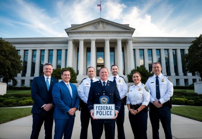 Um grupo de indivíduos em frente a um prédio do governo, com uma placa exibindo a idade limite para entrar na polícia federal.