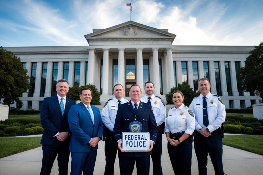 Um grupo de indivíduos em frente a um prédio do governo, com uma placa exibindo a idade limite para entrar na polícia federal.