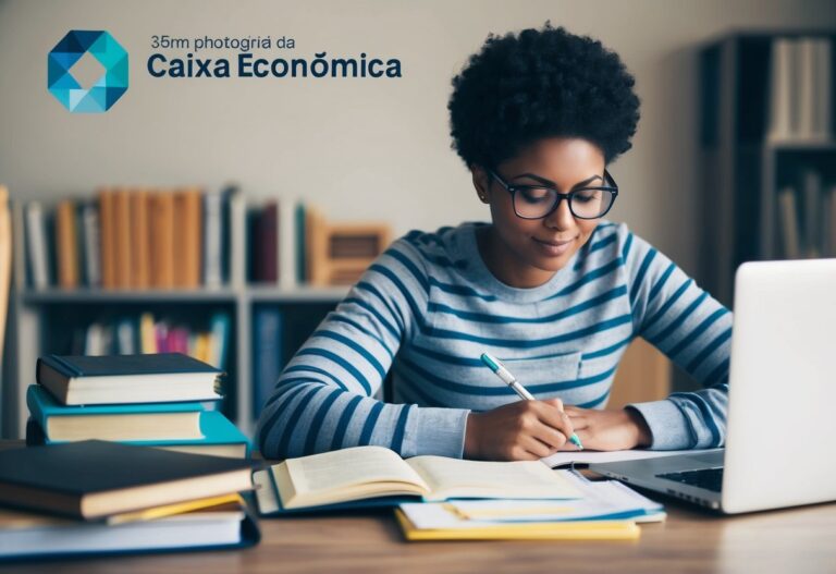 Uma pessoa estudando em uma mesa com livros, anotações e um laptop, cercada por materiais de estudo e o logo da Caixa Econômica