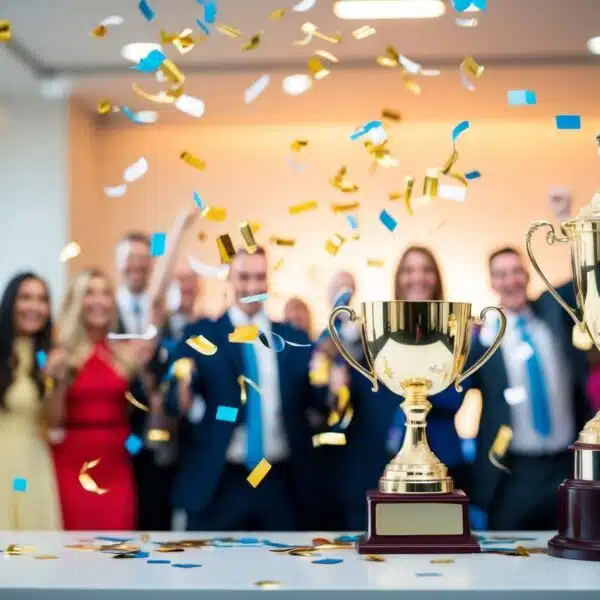 Uma cena de celebração com confetes caindo e um troféu em uma mesa