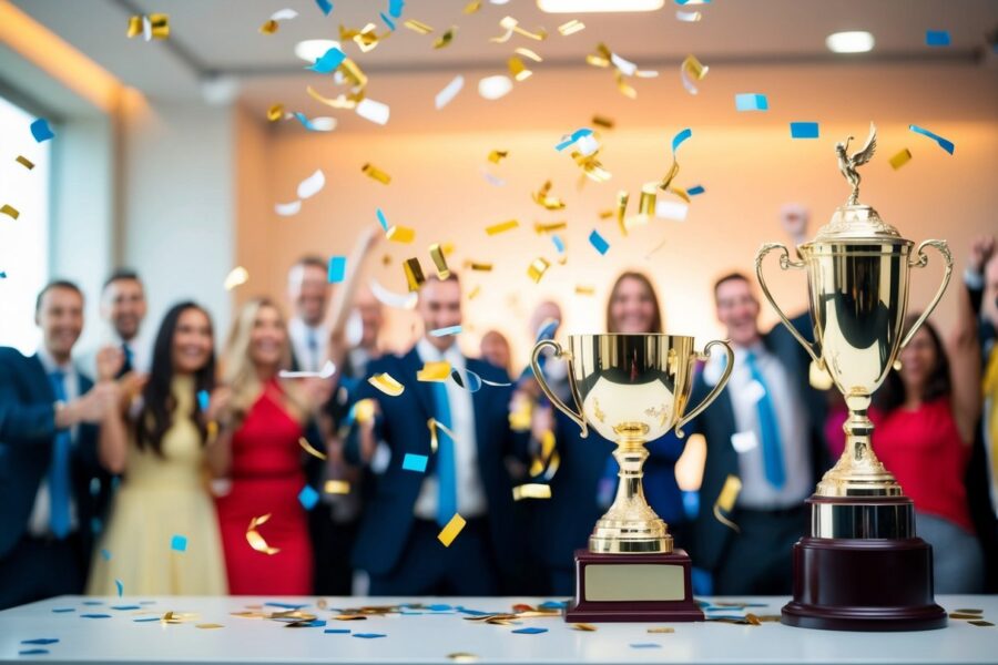 Uma cena de celebração com confetes caindo e um troféu em uma mesa
