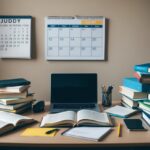 Uma mesa bagunçada com livros abertos, um laptop e materiais de estudo espalhados, com um calendário na parede mostrando uma agenda cheia.