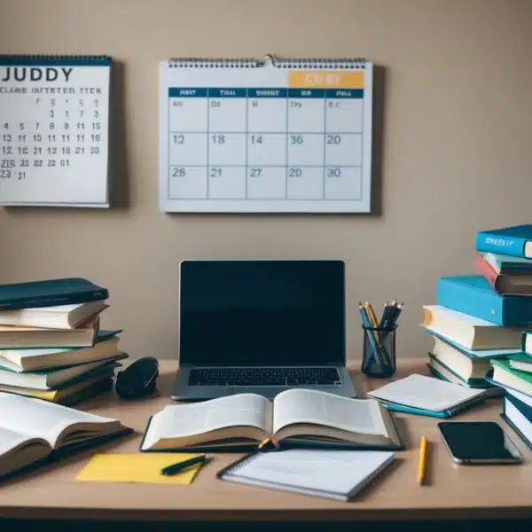 Uma mesa bagunçada com livros abertos, um laptop e materiais de estudo espalhados, com um calendário na parede mostrando uma agenda cheia.