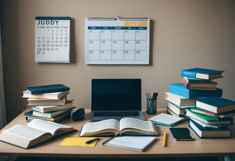 Uma mesa bagunçada com livros abertos, um laptop e materiais de estudo espalhados, com um calendário na parede mostrando uma agenda cheia.