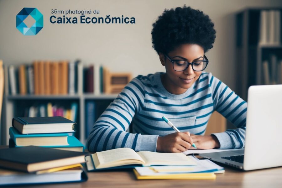 Uma pessoa estudando em uma mesa com livros, anotações e um laptop, cercada por materiais de estudo e o logo da Caixa Econômica