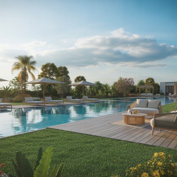 Área de lazer ao ar livre com piscina grande, cadeiras de descanso, jardim com plantas tropicais e céu azul.