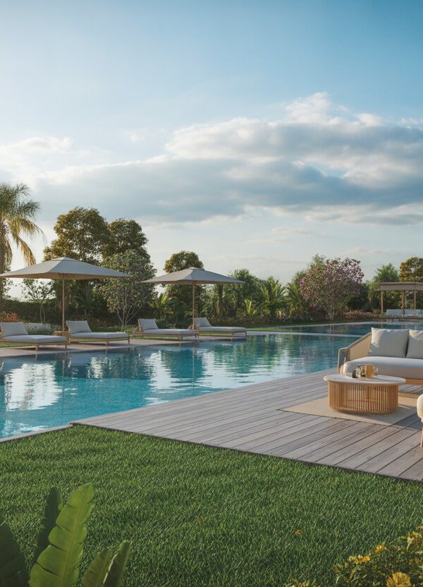 Área de lazer ao ar livre com piscina grande, cadeiras de descanso, jardim com plantas tropicais e céu azul.