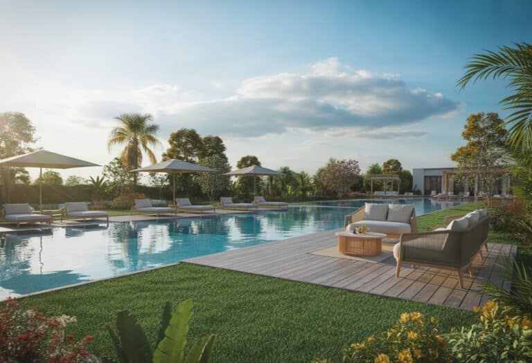 Área de lazer ao ar livre com piscina grande, cadeiras de descanso, jardim com plantas tropicais e céu azul.