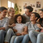 Grupo de irmãos sorrindo e conversando juntos em uma sala de estar aconchegante.