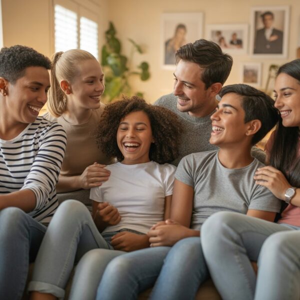 Grupo de irmãos sorrindo e conversando juntos em uma sala de estar aconchegante.