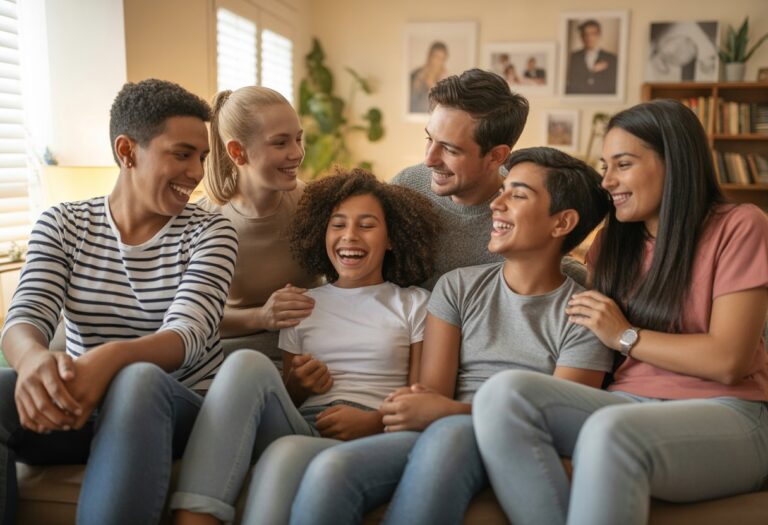 Grupo de irmãos sorrindo e conversando juntos em uma sala de estar aconchegante.