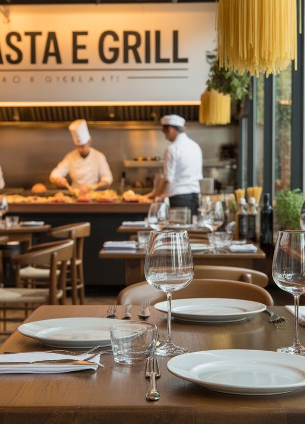 Interior de restaurante italiano com mesas de madeira, pratos de massa e grelhados sendo preparados na cozinha ao fundo.