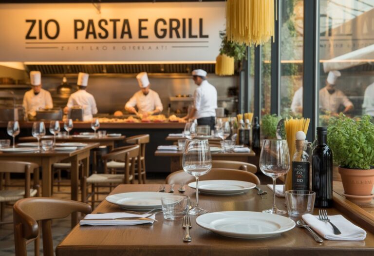 Interior de restaurante italiano com mesas de madeira, pratos de massa e grelhados sendo preparados na cozinha ao fundo.