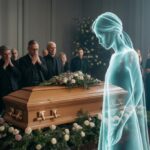 Uma pessoa etérea observa seu próprio velório onde familiares e amigos estão reunidos em um ambiente calmo e respeitoso.