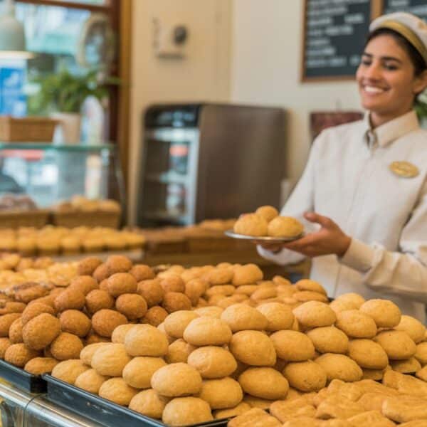 Balcão de padaria brasileiro com salgados frescos expostos e um atendente servindo um cliente sorridente.