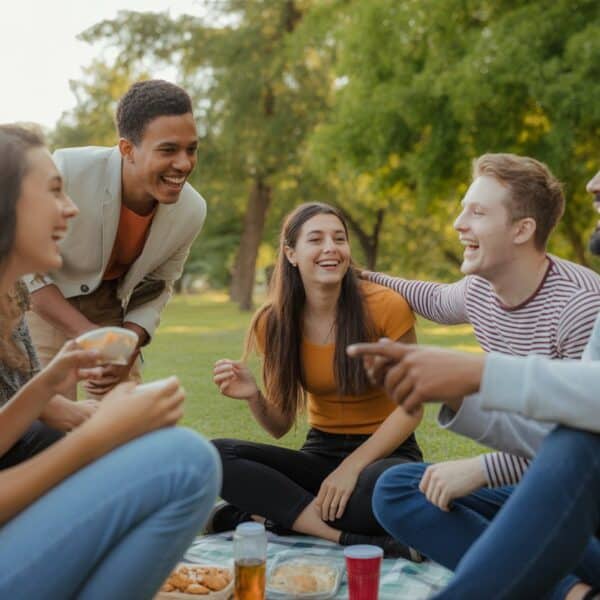 Grupo diverso de amigos sorrindo e conversando em um parque ao ar livre durante o pôr do sol.