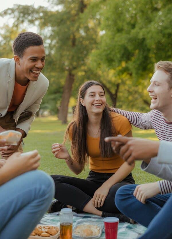 Grupo diverso de amigos sorrindo e conversando em um parque ao ar livre durante o pôr do sol.