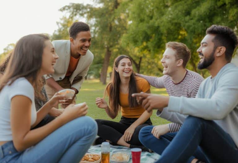 Grupo diverso de amigos sorrindo e conversando em um parque ao ar livre durante o pôr do sol.