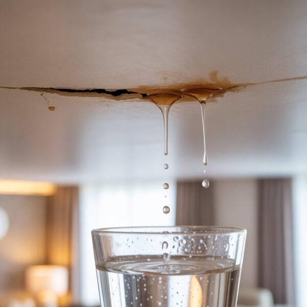 Canto de um teto com goteira, mostrando gotas de água caindo em um balde em um ambiente interno.