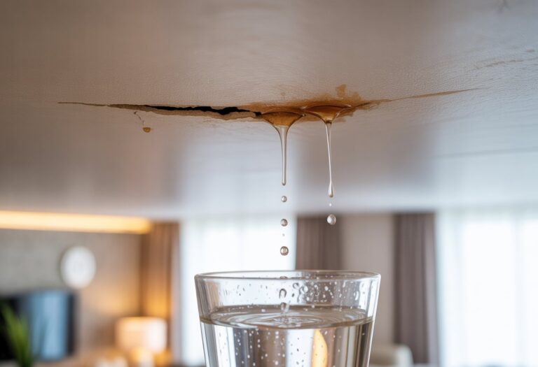 Canto de um teto com goteira, mostrando gotas de água caindo em um balde em um ambiente interno.