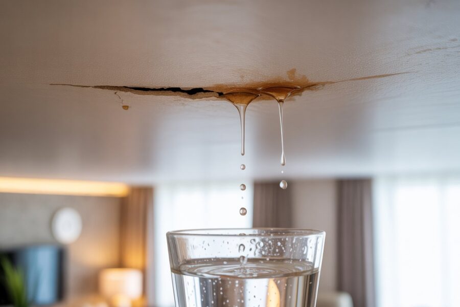 Canto de um teto com goteira, mostrando gotas de água caindo em um balde em um ambiente interno.