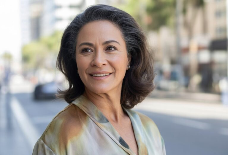 Mulher brasileira de meia-idade com cabelo escuro ondulado, sorrindo e posando em ambiente urbano ao ar livre.