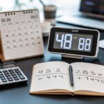 Mesa de escritório com relógio digital, calendário aberto e calculadora mostrando conceitos de conversão de horas em dias.