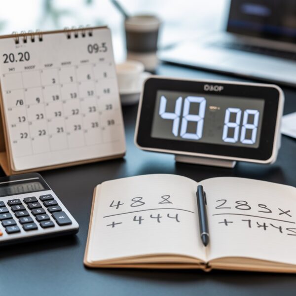 Mesa de escritório com relógio digital, calendário aberto e calculadora mostrando conceitos de conversão de horas em dias.