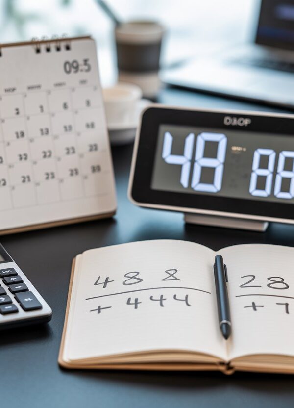 Mesa de escritório com relógio digital, calendário aberto e calculadora mostrando conceitos de conversão de horas em dias.
