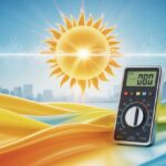Sol brilhando no céu azul com um medidor digital de níveis sonoros e ondas sonoras ao redor.