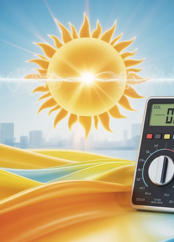 Sol brilhando no céu azul com um medidor digital de níveis sonoros e ondas sonoras ao redor.