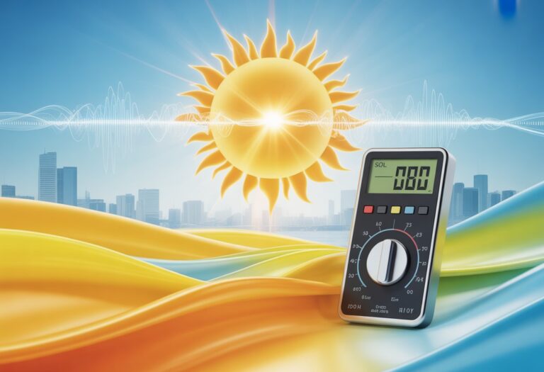 Sol brilhando no céu azul com um medidor digital de níveis sonoros e ondas sonoras ao redor.